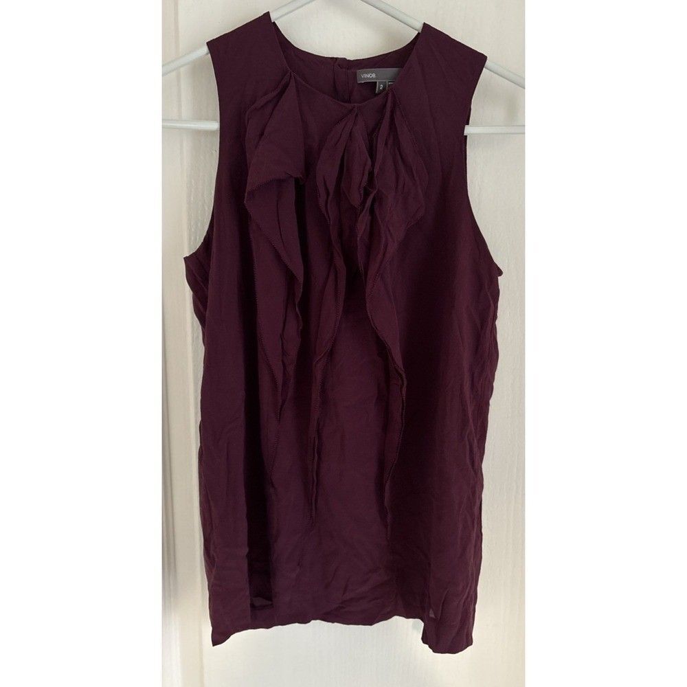 Womens VINCE Eggplant Purple Silk Sleeveless Ruffle Top Career Sz 2 XS
